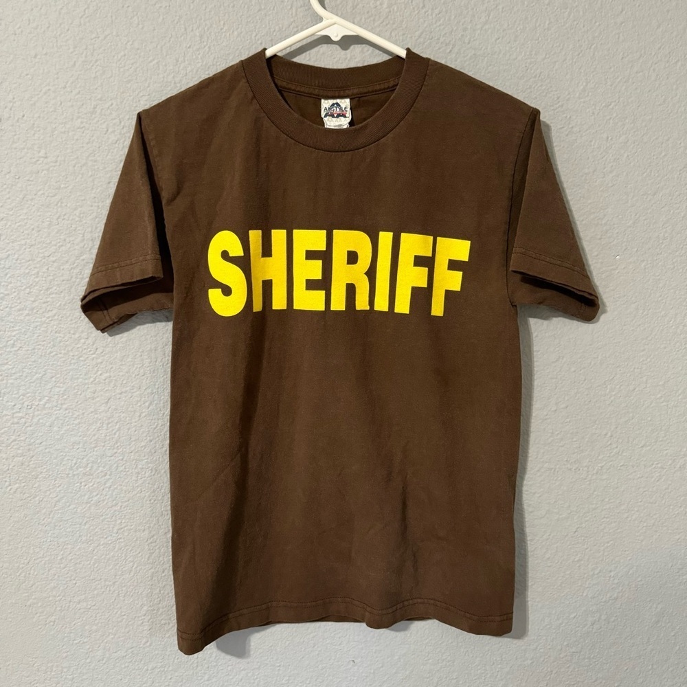 Alstyle Men Brown Short Sleeve Shirt Sheriff Halloween Costume Sz S 100%‎ Cotton
